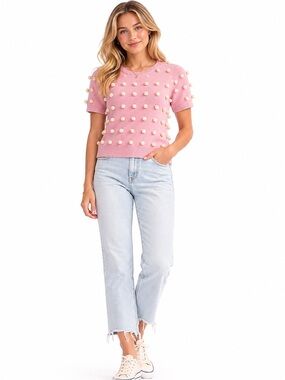 Vintage Lisa Perry Barney’s 100% pink cashmere short sleeved pom pom sweater XS